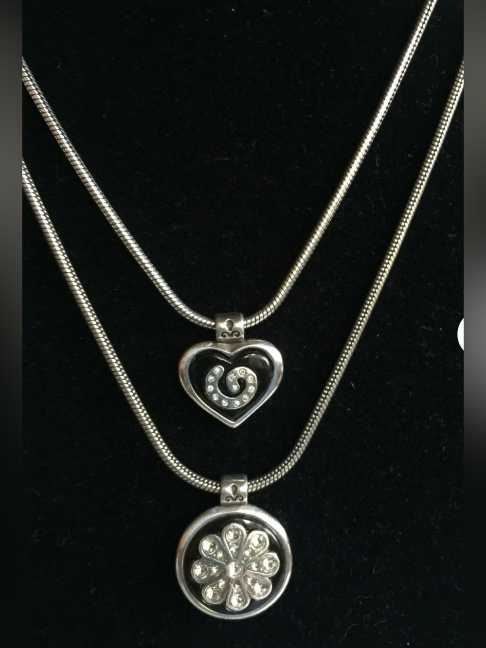 Brighton Silver & Black Heart and Flower Pendant Necklace - Excellent Condition
